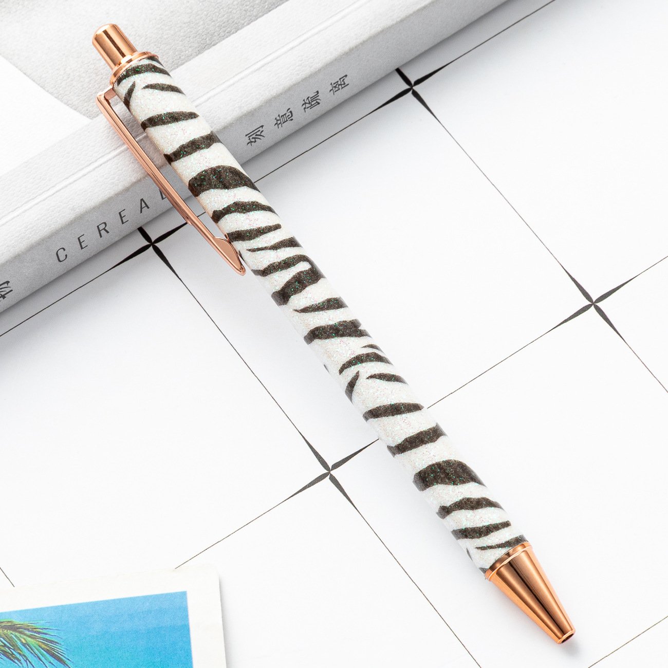 Zebra Design Cute Retractable Ball Point Pen Custom Logo Flat Click Body Black Ink Writing Pen Office Metal Crystal Pen