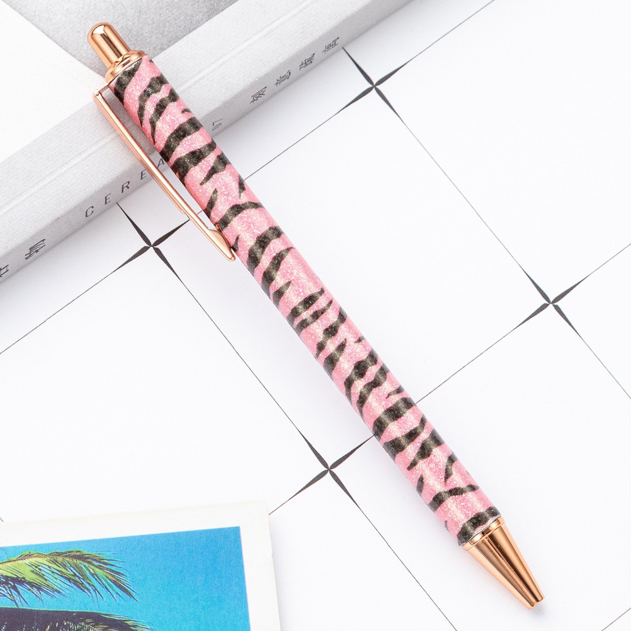 Zebra Design Cute Retractable Ball Point Pen Custom Logo Flat Click Body Black Ink Writing Pen Office Metal Crystal Pen