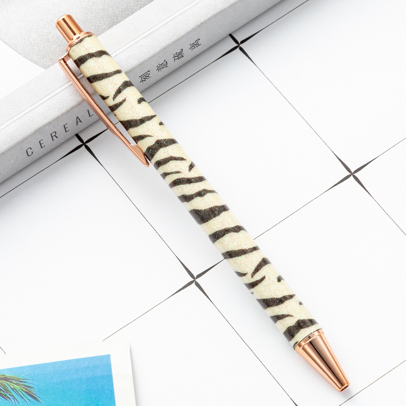 Zebra Design Cute Retractable Ball Point Pen Custom Logo Flat Click Body Black Ink Writing Pen Office Metal Crystal Pen