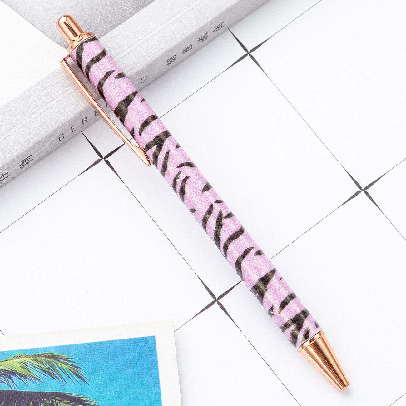 Zebra Design Cute Retractable Ball Point Pen Custom Logo Flat Click Body Black Ink Writing Pen Office Metal Crystal Pen