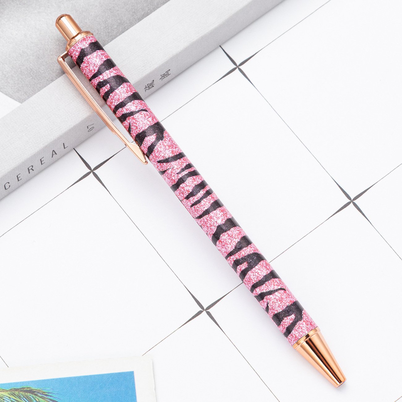 Zebra Design Cute Retractable Ball Point Pen Custom Logo Flat Click Body Black Ink Writing Pen Office Metal Crystal Pen