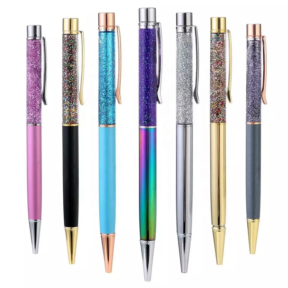 Quicksand Pen Crystal Ball Point Custom Logo Design Rose Gold Liquid Foil Metal Ball Floating Pen DIY Glitter Ballpoint Pens