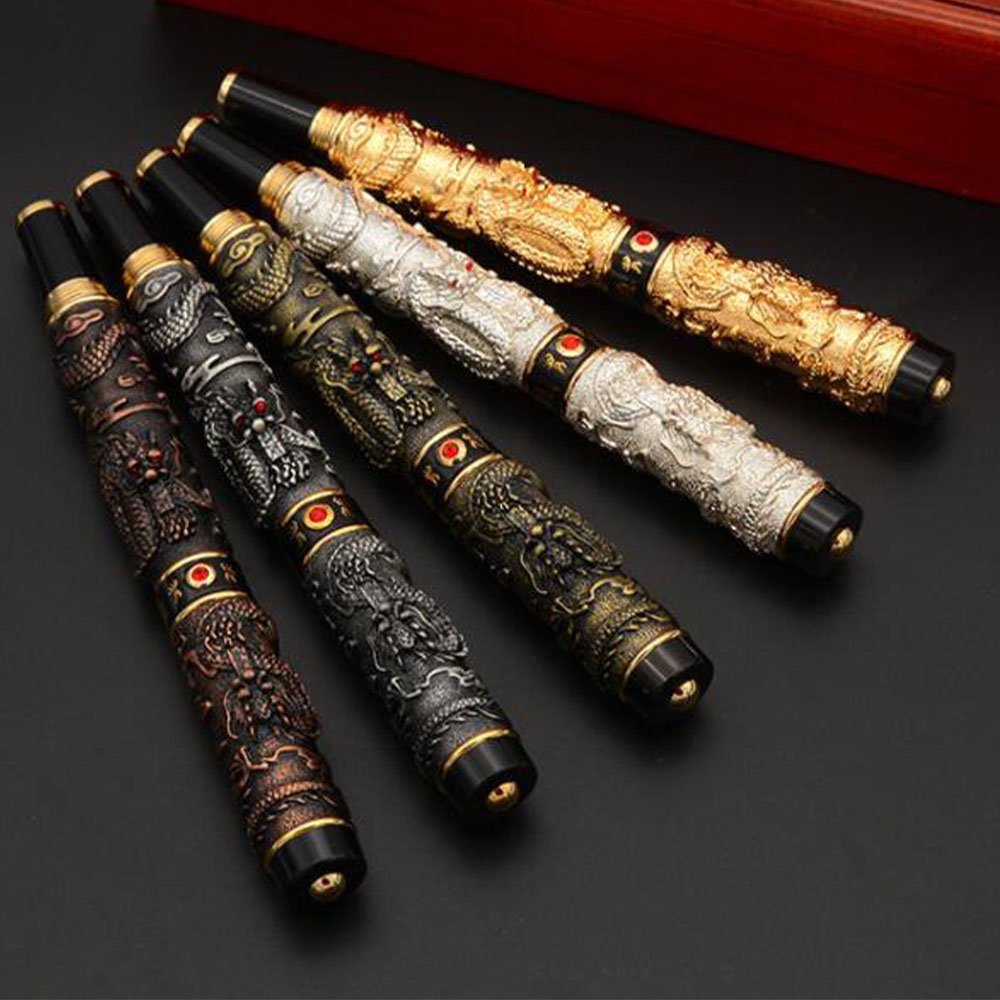 Luxury Screw Cap Fountain Pen Gold Sliver Black Metal Dragon Loong Phoenix Antique JINHAO Ballpoint Fountain Pen With Gift Case