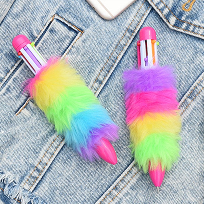 Kawaii Stationery Gift Cute Colorful Plush Ballpoint Pen 6 Colors In 1 Multicolor Plastic Retractable Ball Pen
