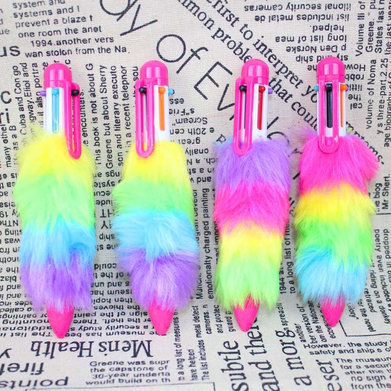 Kawaii Stationery Gift Cute Colorful Plush Ballpoint Pen 6 Colors In 1 Multicolor Plastic Retractable Ball Pen