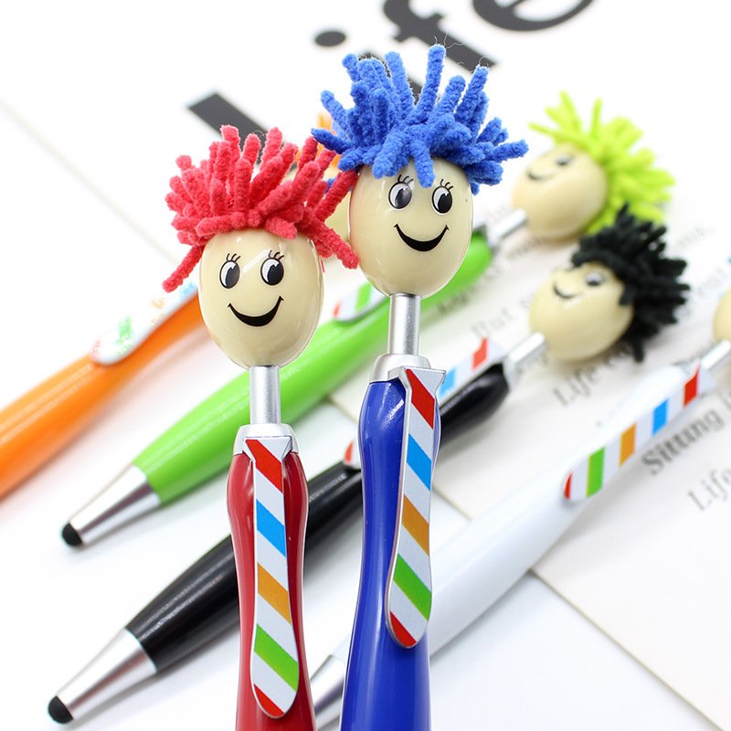 DIY Creative Cartoon Animation Plush Doll Head Ballpoint Pen Colorful Smiling Face Plastic Pen Colorful Gift Pen