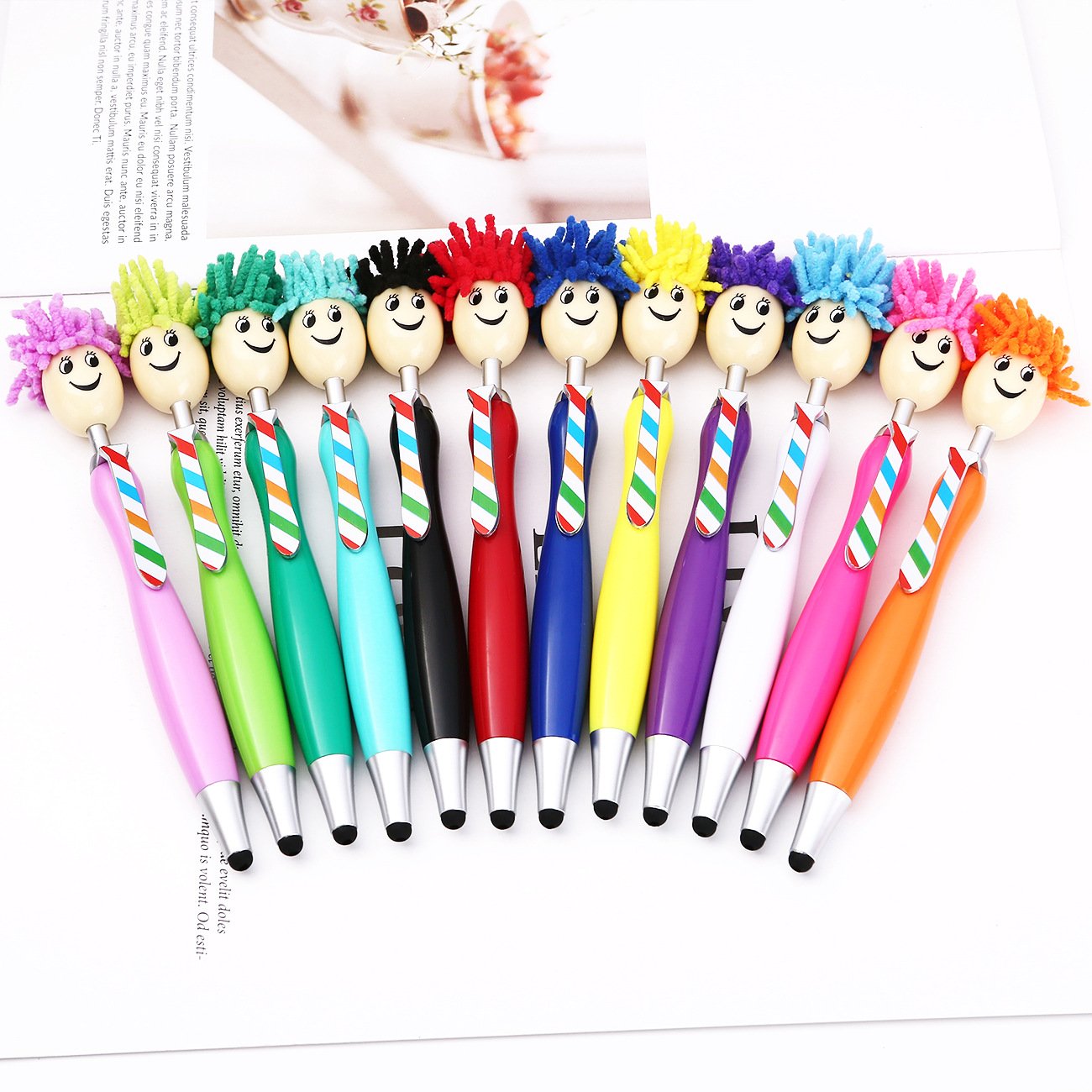DIY Creative Cartoon Animation Plush Doll Head Ballpoint Pen Colorful Smiling Face Plastic Pen Colorful Gift Pen