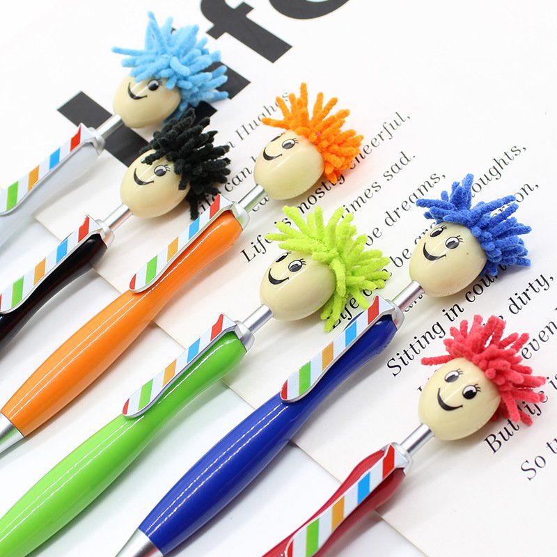 DIY Creative Cartoon Animation Plush Doll Head Ballpoint Pen Colorful Smiling Face Plastic Pen Colorful Gift Pen