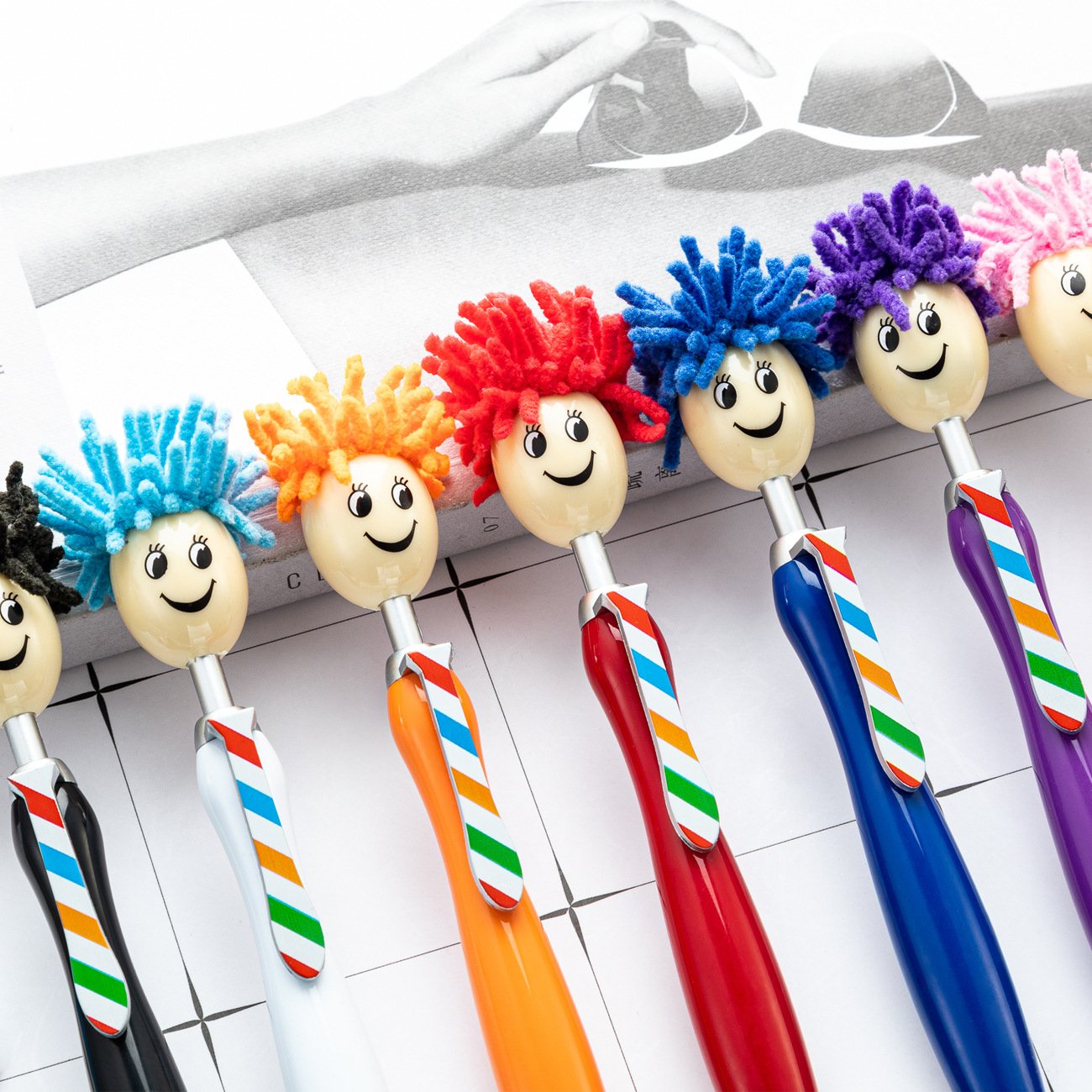 DIY Creative Cartoon Animation Plush Doll Head Ballpoint Pen Colorful Smiling Face Plastic Pen Colorful Gift Pen