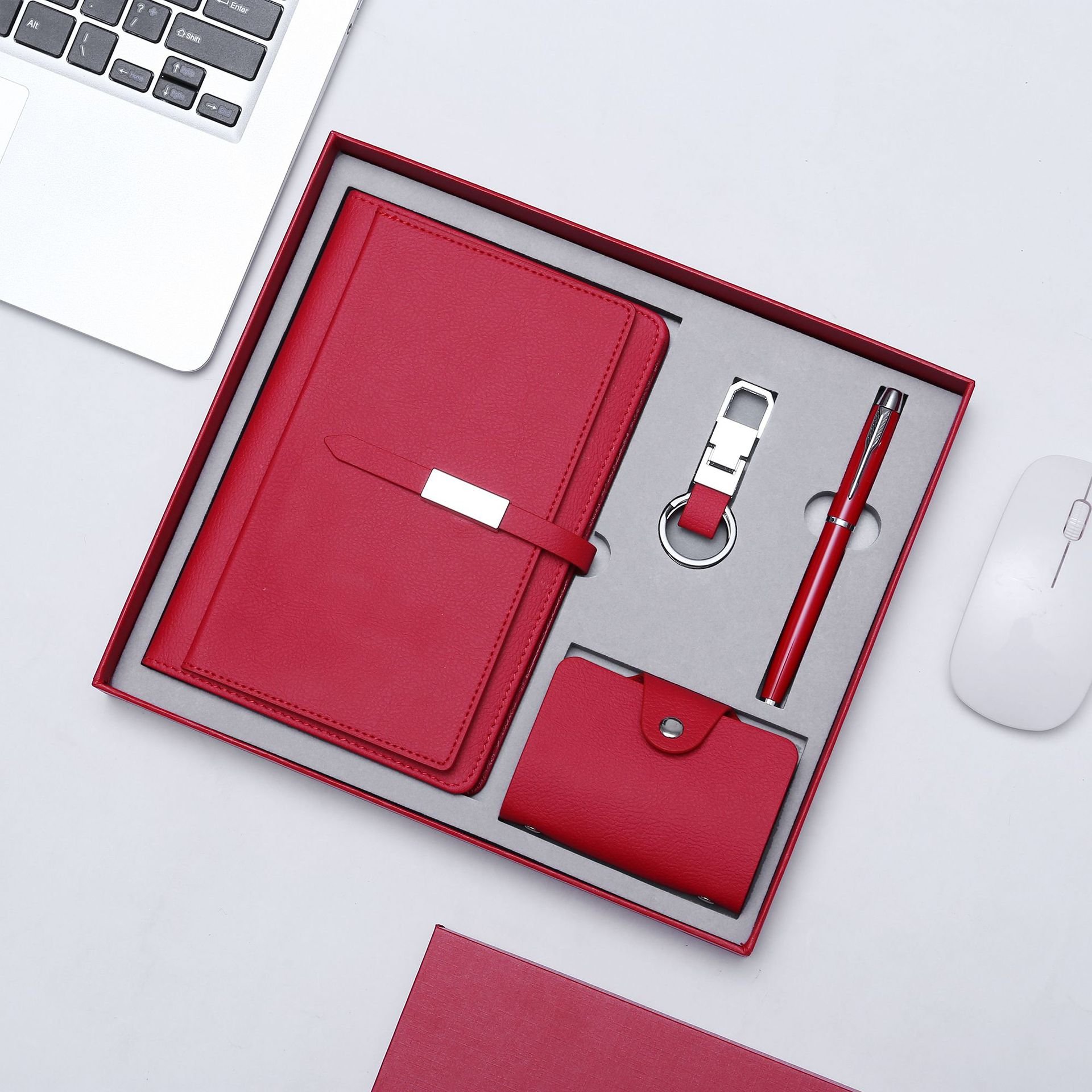 Business Card Holder Bag and Promotional Thick Ballpoint Pen Gift Set and Leather Keychain Notebook 4 pcs Set