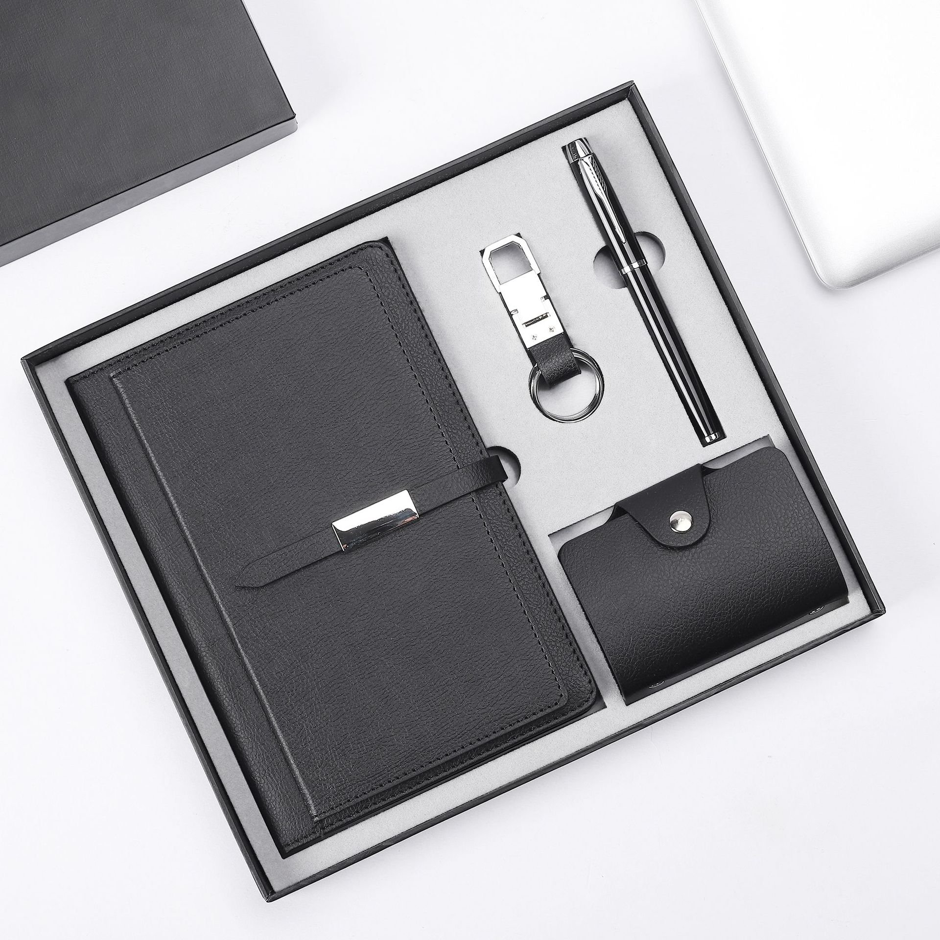 Business Card Holder Bag and Promotional Thick Ballpoint Pen Gift Set and Leather Keychain Notebook 4 pcs Set