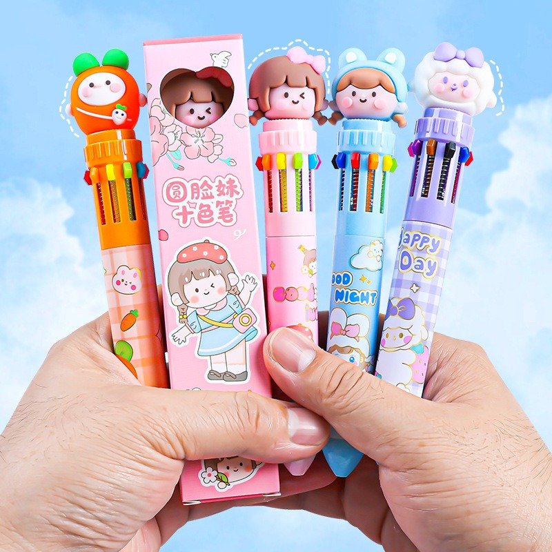 Cartoon ten-color ballpoint pen multi-color press-action pen high-value modeling student colorful neutral pen