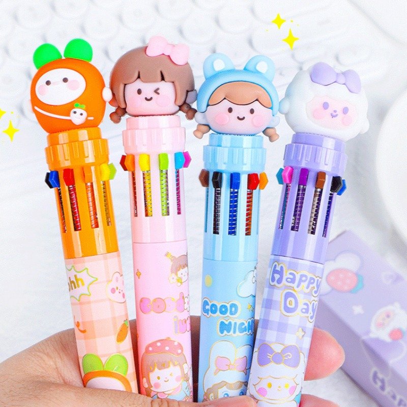 Cartoon ten-color ballpoint pen multi-color press-action pen high-value modeling student colorful neutral pen