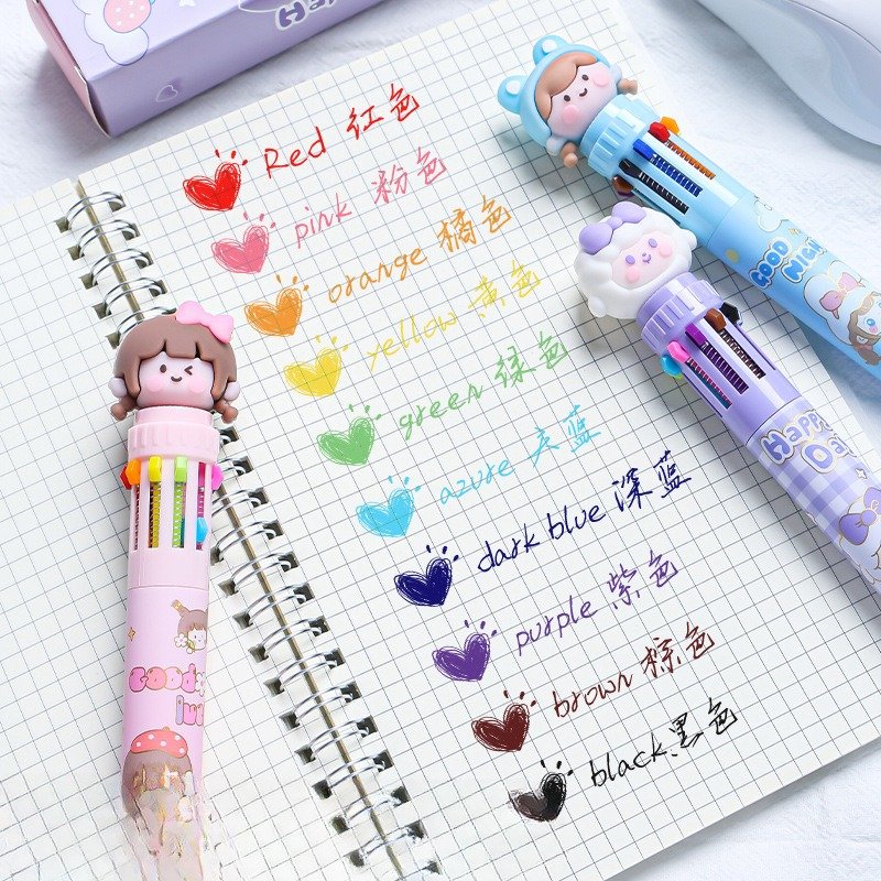 Cartoon ten-color ballpoint pen multi-color press-action pen high-value modeling student colorful neutral pen