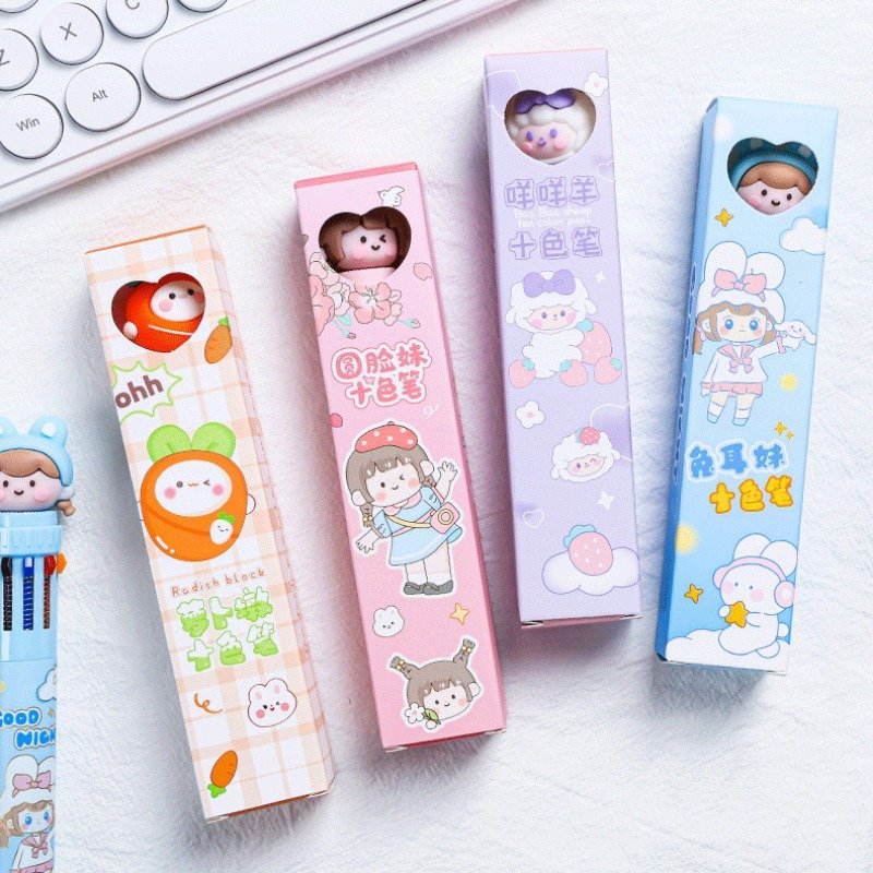 Cartoon ten-color ballpoint pen multi-color press-action pen high-value modeling student colorful neutral pen