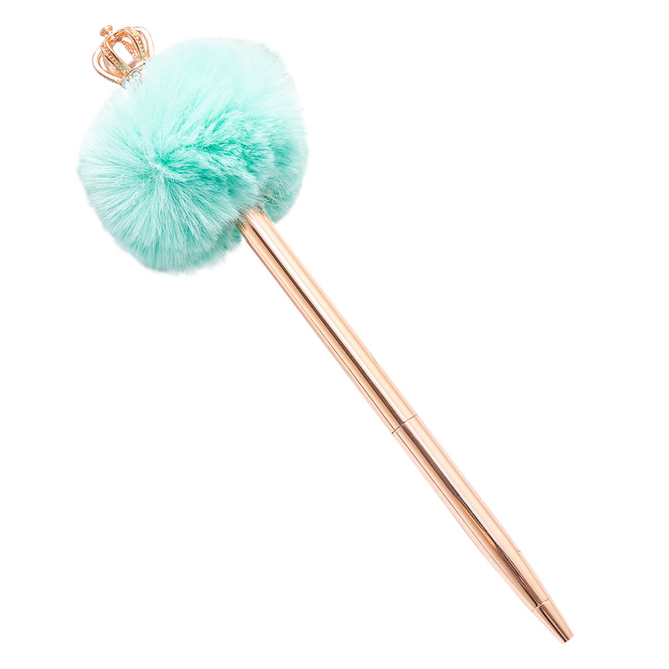 Custom Logo Printed Kawaii Stationery Fluffy Pompom Metal Ballpoint Pen with Crown 1.0mm Writing Width Aluminum Gift Pen