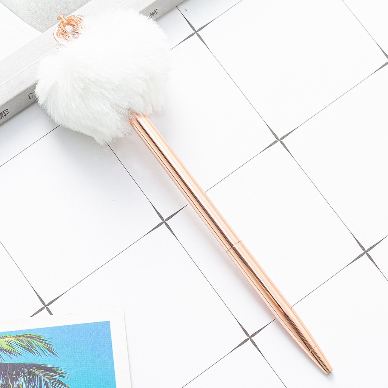 Custom Logo Printed Kawaii Stationery Fluffy Pompom Metal Ballpoint Pen with Crown 1.0mm Writing Width Aluminum Gift Pen