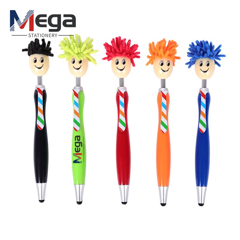 Advertising Plastic ballpoint Pen Funny figure with tie cartoon doll head with hair mop top stylus Mop Doll Heads Pen