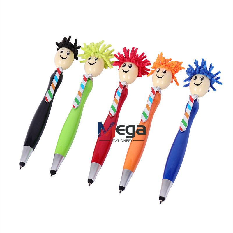 Advertising Plastic ballpoint Pen Funny figure with tie cartoon doll head with hair mop top stylus Mop Doll Heads Pen
