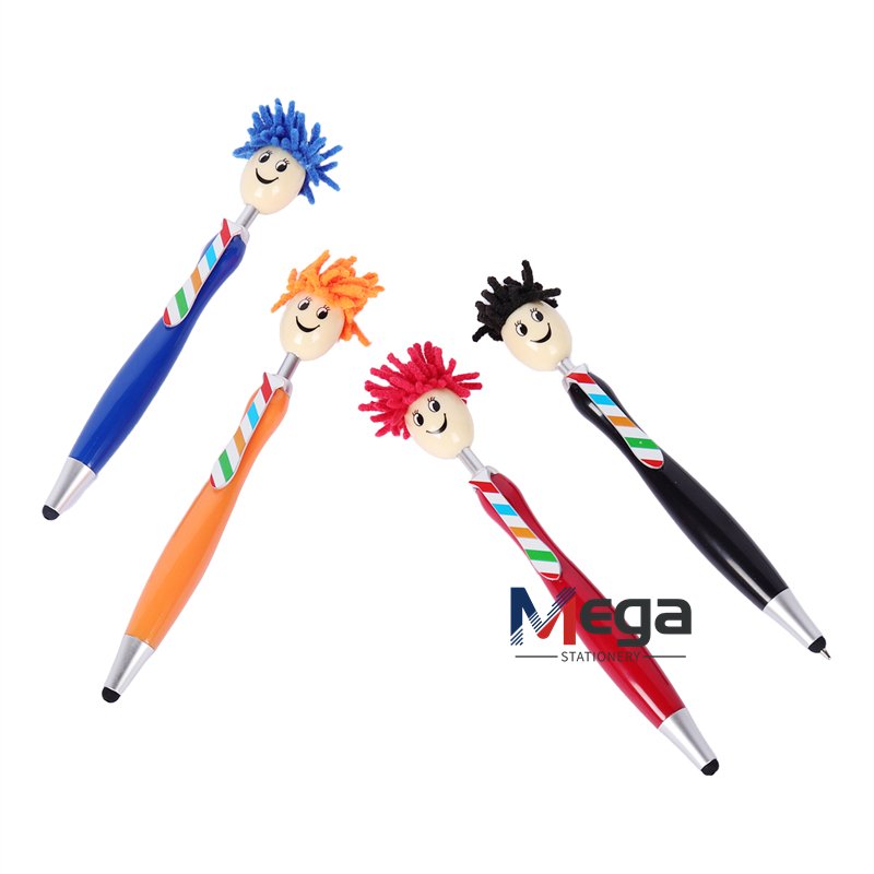 Advertising Plastic ballpoint Pen Funny figure with tie cartoon doll head with hair mop top stylus Mop Doll Heads Pen