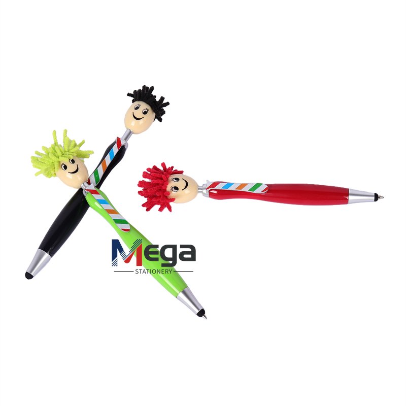 Advertising Plastic ballpoint Pen Funny figure with tie cartoon doll head with hair mop top stylus Mop Doll Heads Pen