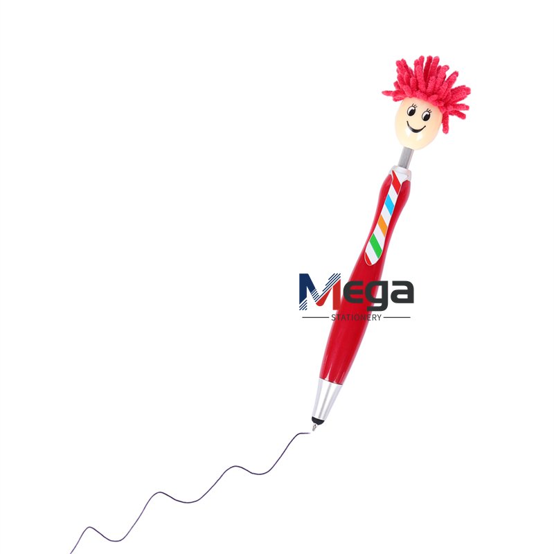 Advertising Plastic ballpoint Pen Funny figure with tie cartoon doll head with hair mop top stylus Mop Doll Heads Pen