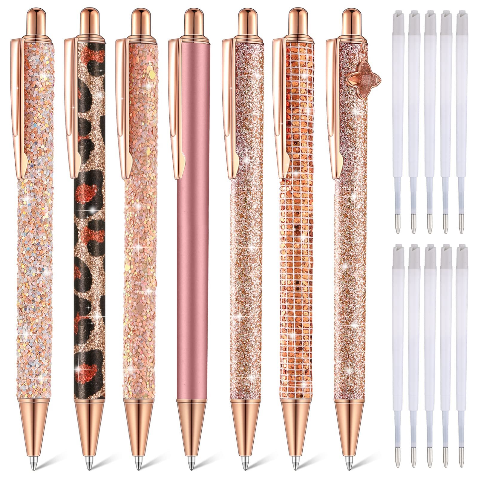Office Supplies Kawaii Pretty Rose Gold Metal Retractable Pens for Women Girls Gifts Glitter Ballpoint Pens