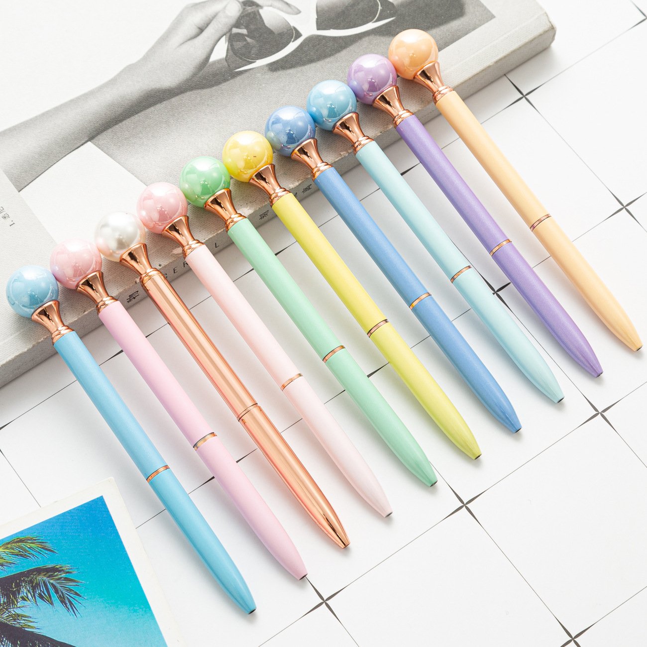 Custom Pearl Crystal Top Metal Ballpoint Pen for School and Office