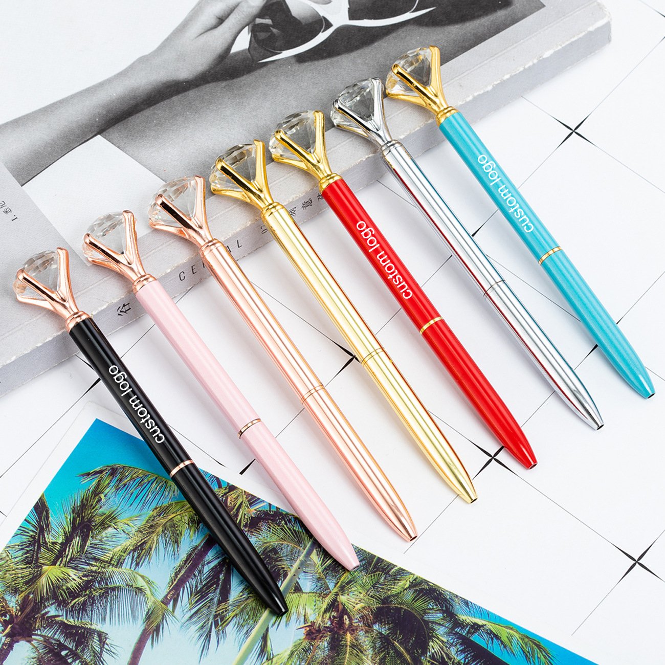 Custom Logo Rose Gold Ballpoint Metal Pens Big Crystal Diamond Top Ball Pen Twist Action Metal Pen