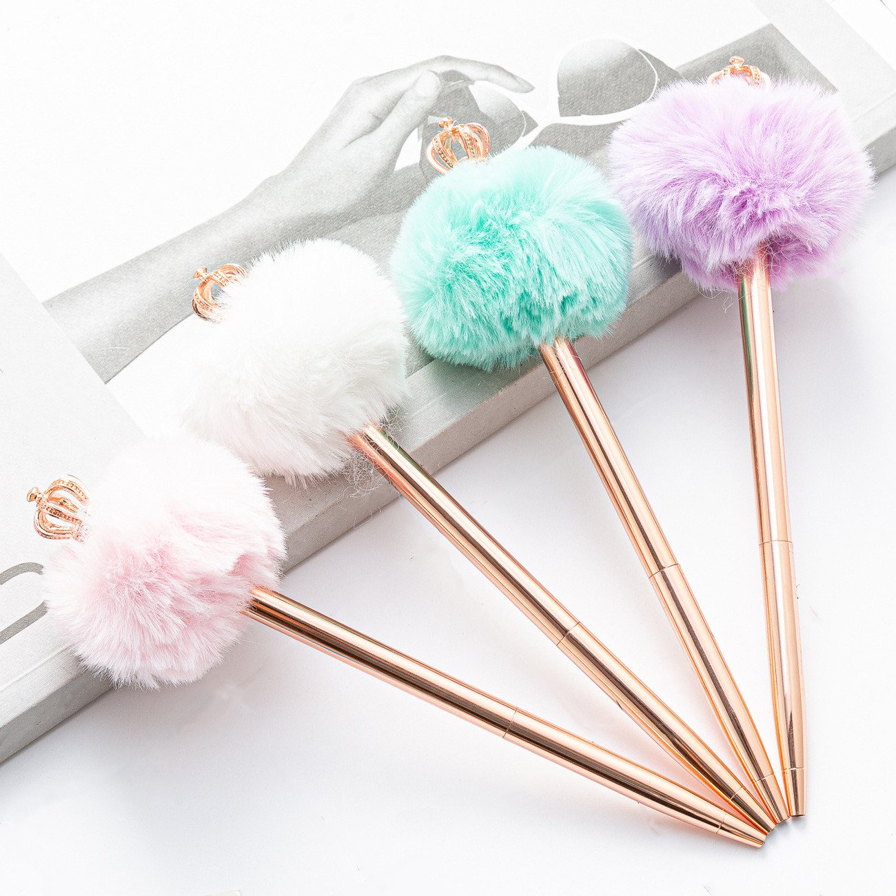Hot Selling Promotional Gift Kawaii Pen Children Cute Colorful Plush Toy POM Metal Ball Pen