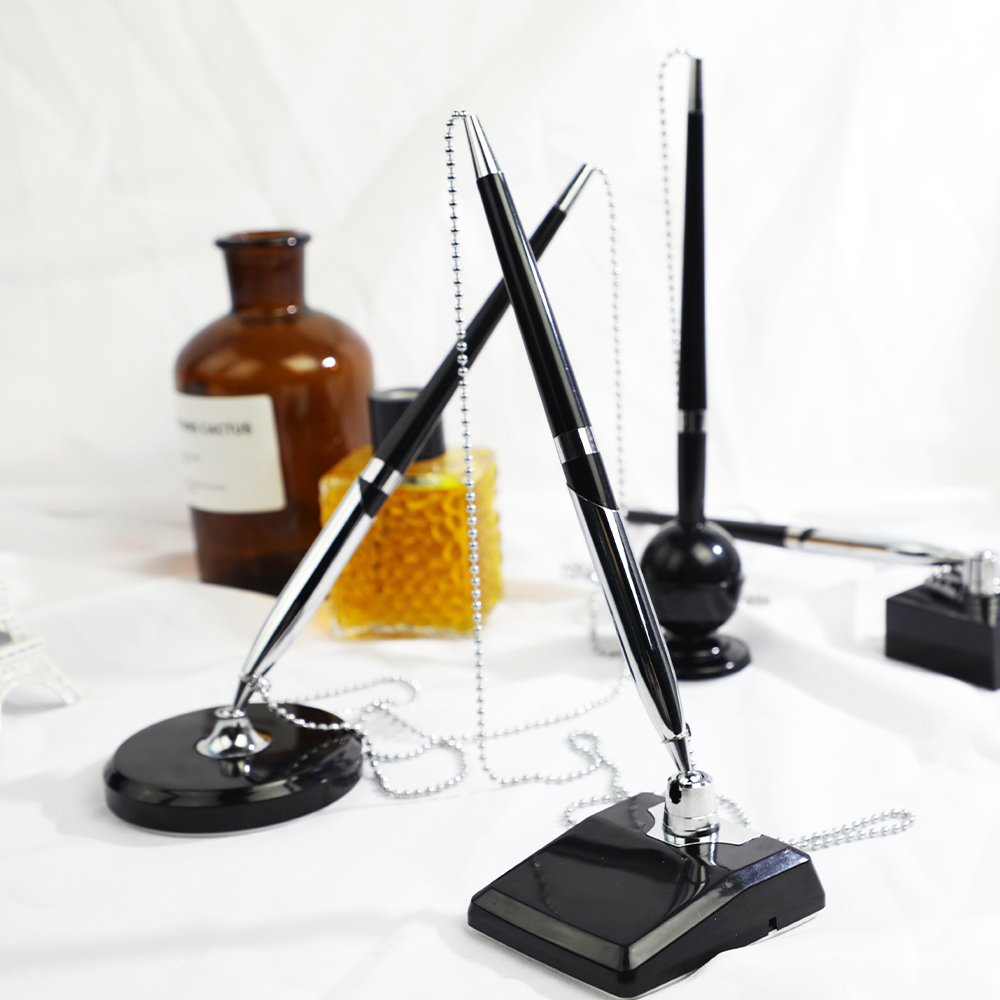 Black Ink Counter Signature Pen With Adhesive Pen Stand Base Boligrafos De Escritorio Banks Offices Table Pen With Chain