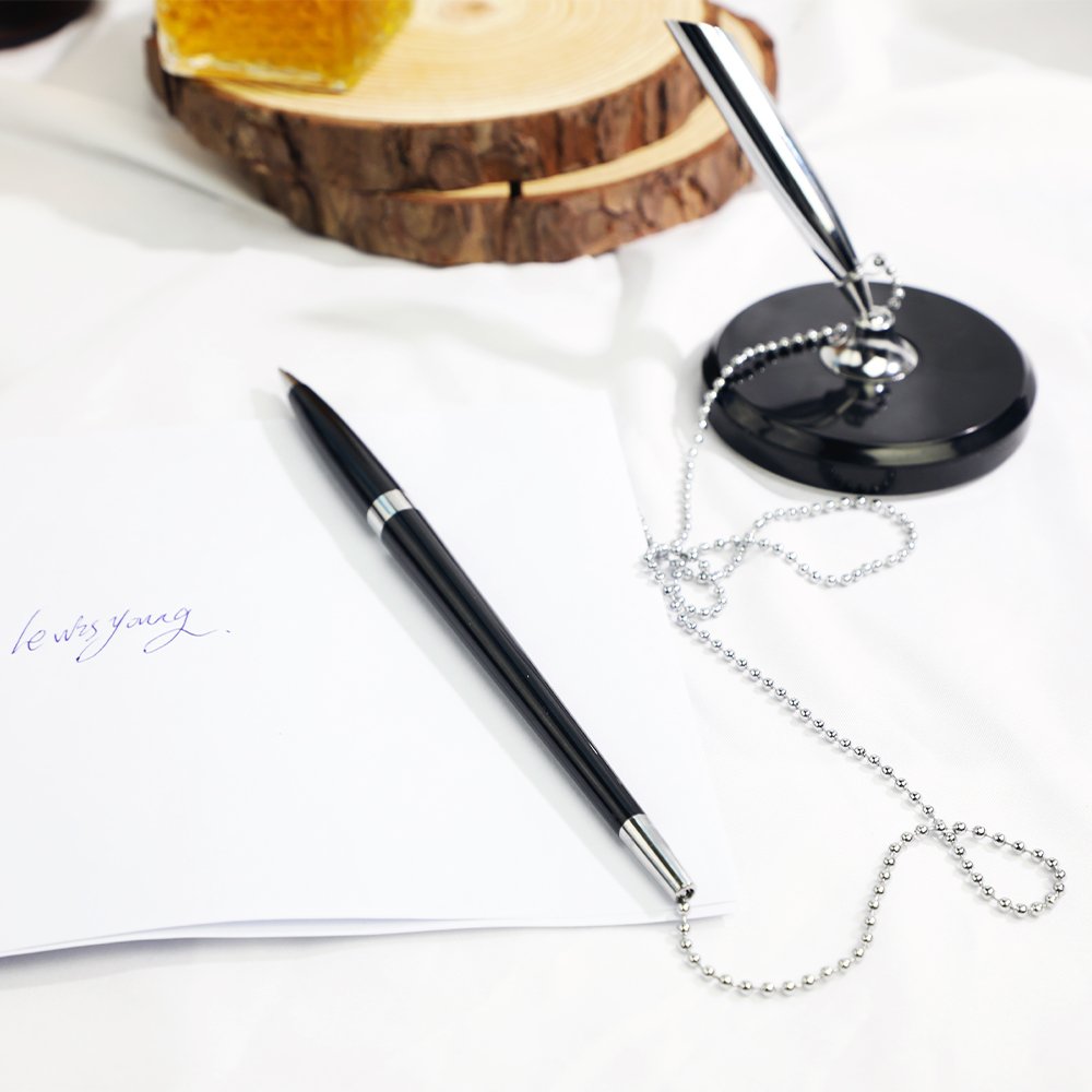 Black Ink Counter Signature Pen With Adhesive Pen Stand Base Boligrafos De Escritorio Banks Offices Table Pen With Chain