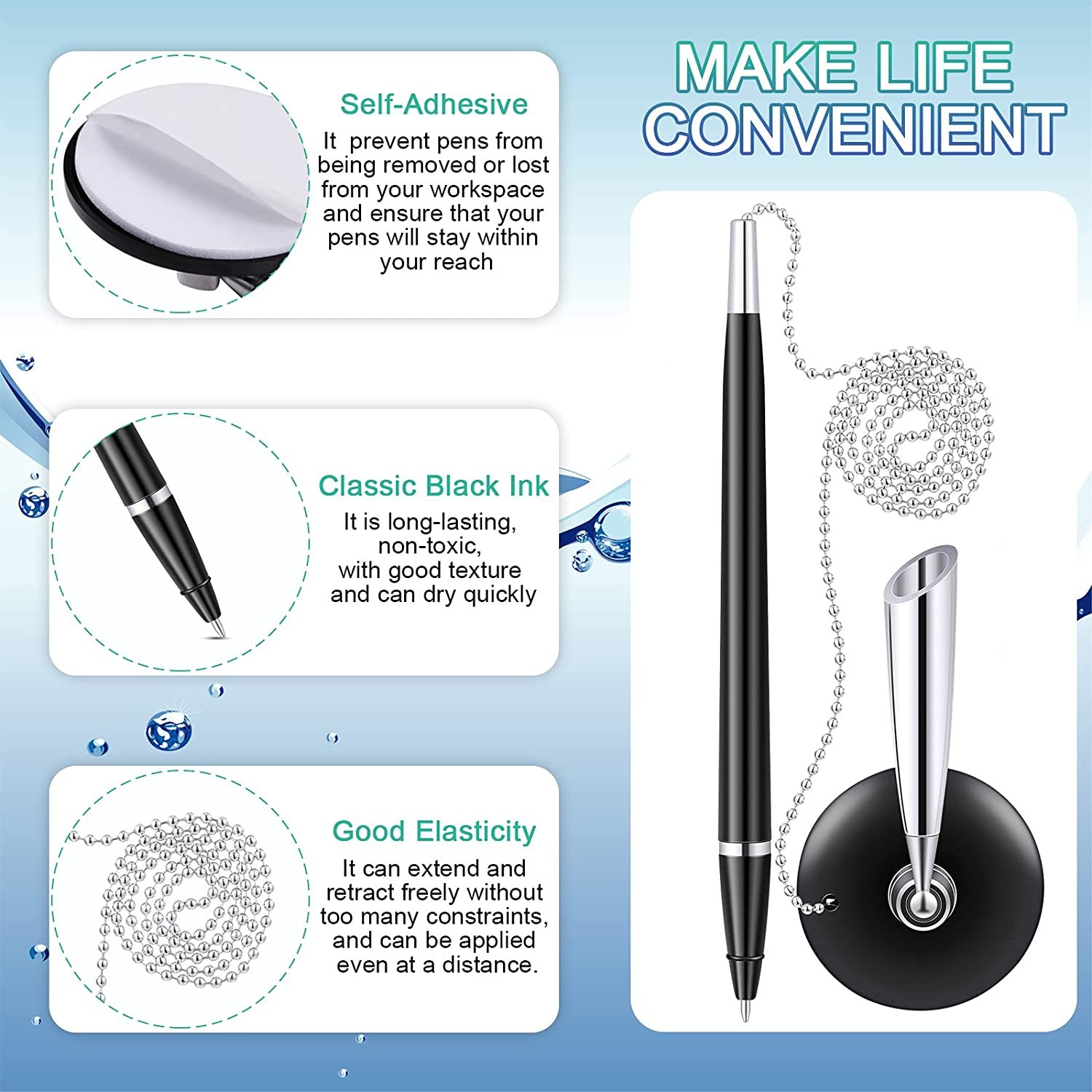 Black Ink Counter Signature Pen With Adhesive Pen Stand Base Boligrafos De Escritorio Banks Offices Table Pen With Chain