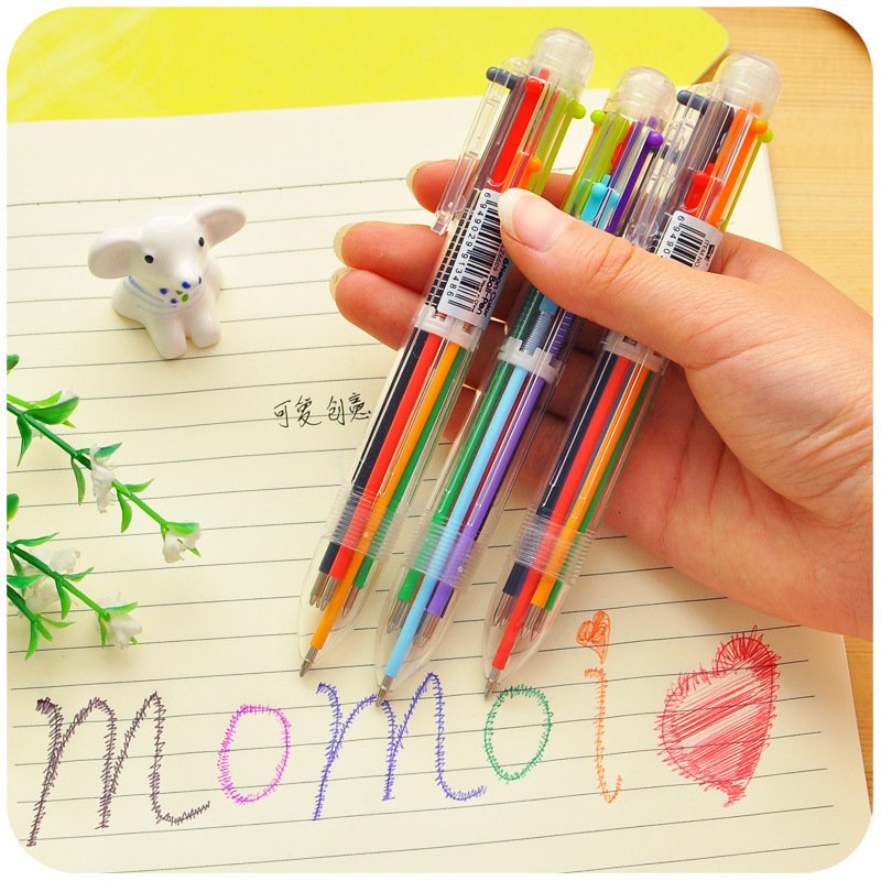 Plastic 6 color ballpoint pen learning stationery supplies multi color Plastic pen minimalist children's gift pen