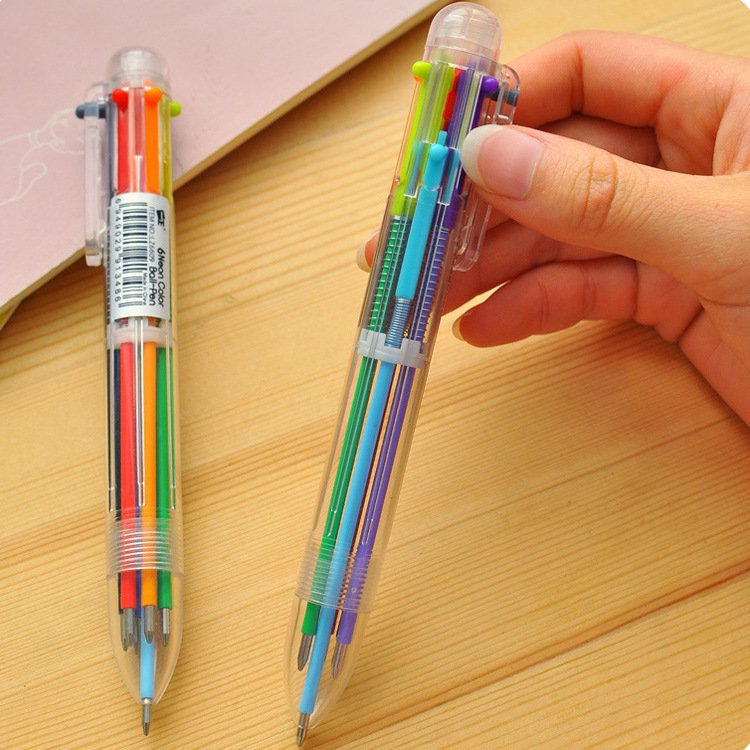Plastic 6 color ballpoint pen learning stationery supplies multi color Plastic pen minimalist children's gift pen