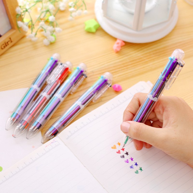 Plastic 6 color ballpoint pen learning stationery supplies multi color Plastic pen minimalist children's gift pen