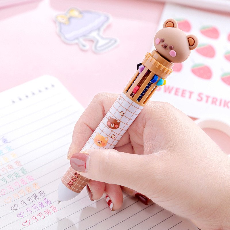 Creative Stationery Cartoon Bear Customized Colored Plastic Pen Logo Printing 10 in 1 Multicolor Ballpoint Pen