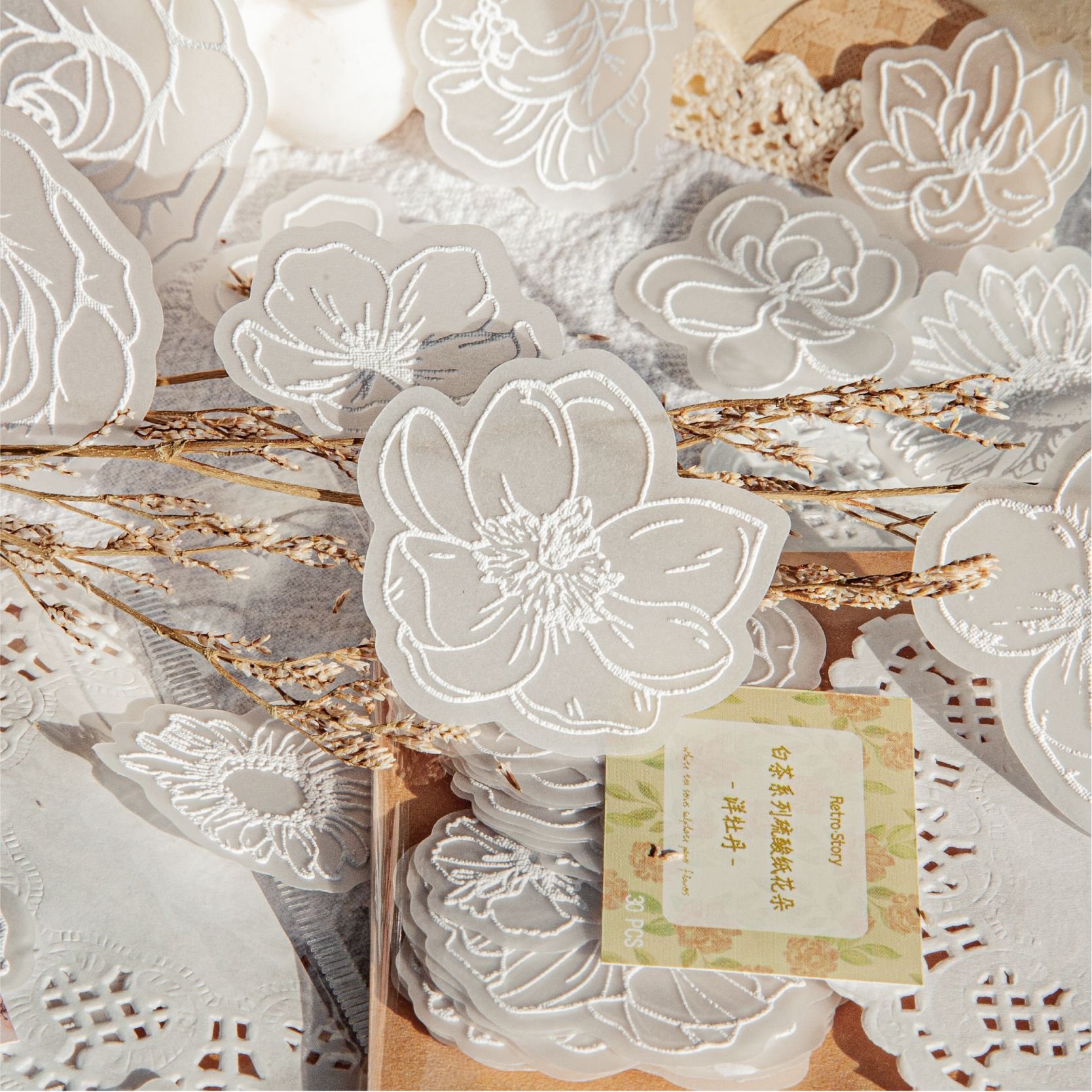 30pcs/pack Sulphuric Acid Paper Flowers White Tea Series Stereoscopic Foam Handbook Decoration Materials