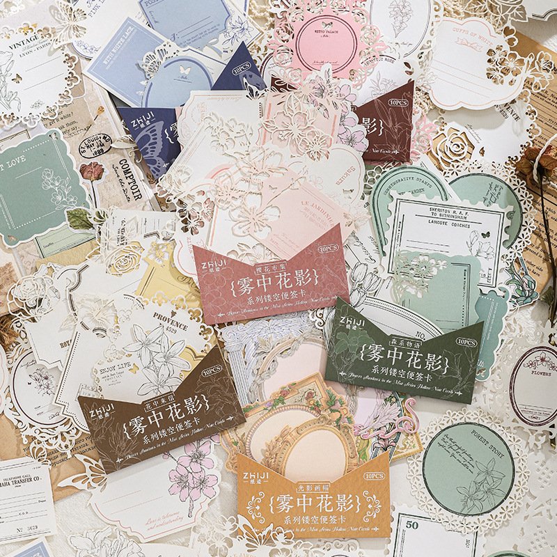 10pcs/pack openwork note cards Flower Shadow in the Mist series Collage DIY material decorative handbook