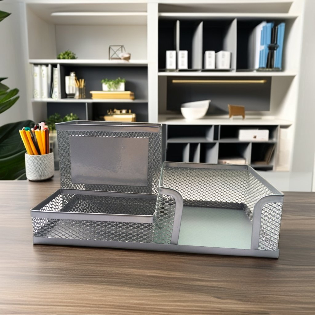 Modern Metal 3-Compartment Wire Mesh Desk Organizer for Office Storage Stationery & Memo Pad Holder Multifunction File Organizer