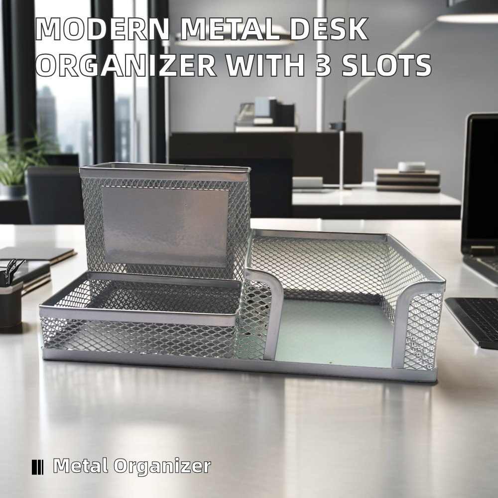 Modern Metal 3-Compartment Wire Mesh Desk Organizer for Office Storage Stationery & Memo Pad Holder Multifunction File Organizer