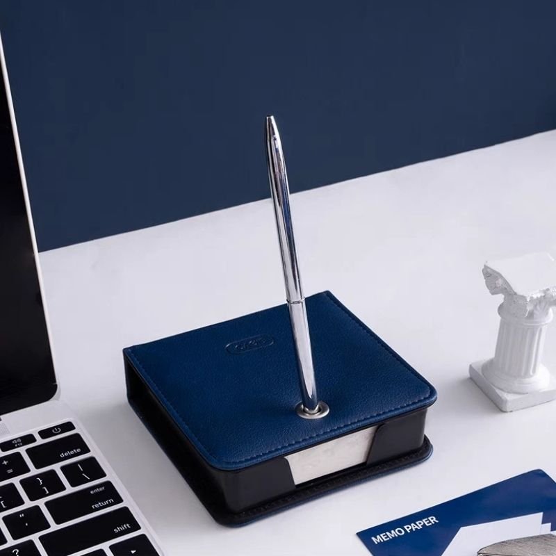 Custom School Hotel Business Stationery Black PU Leather Notepad Pen Sticky Notes Memo Pad Box Holder Gift Set