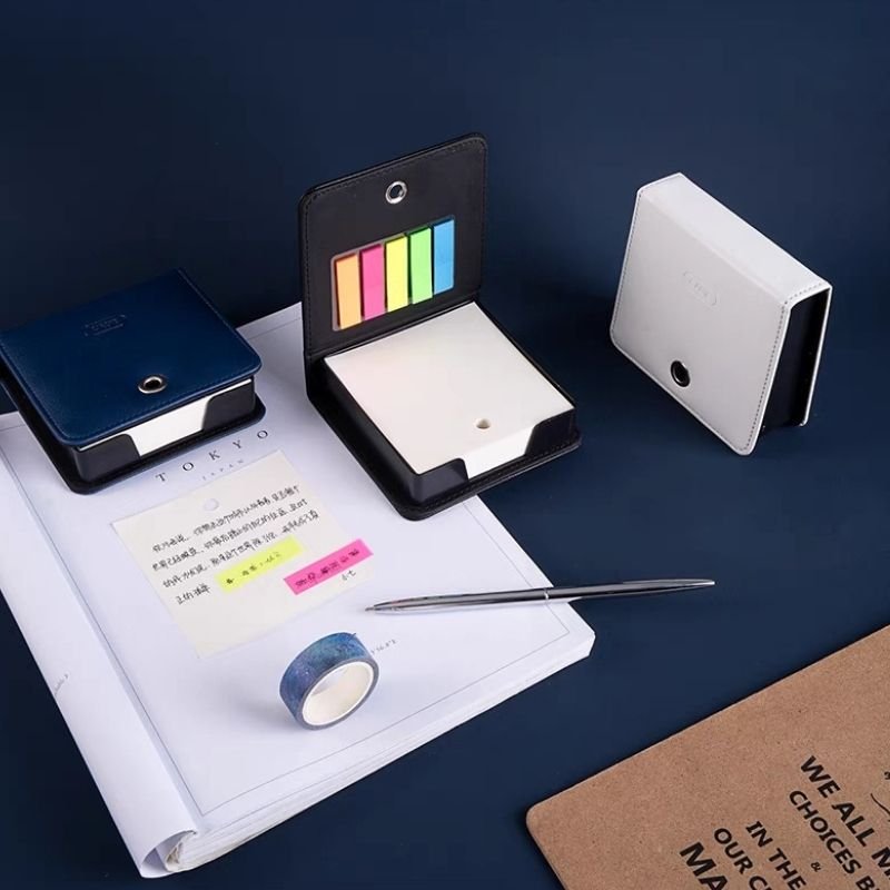 Custom School Hotel Business Stationery Black PU Leather Notepad Pen Sticky Notes Memo Pad Box Holder Gift Set