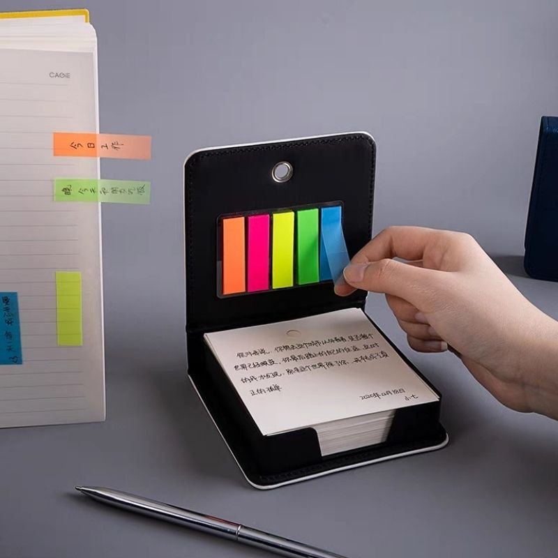 Custom School Hotel Business Stationery Black PU Leather Notepad Pen Sticky Notes Memo Pad Box Holder Gift Set