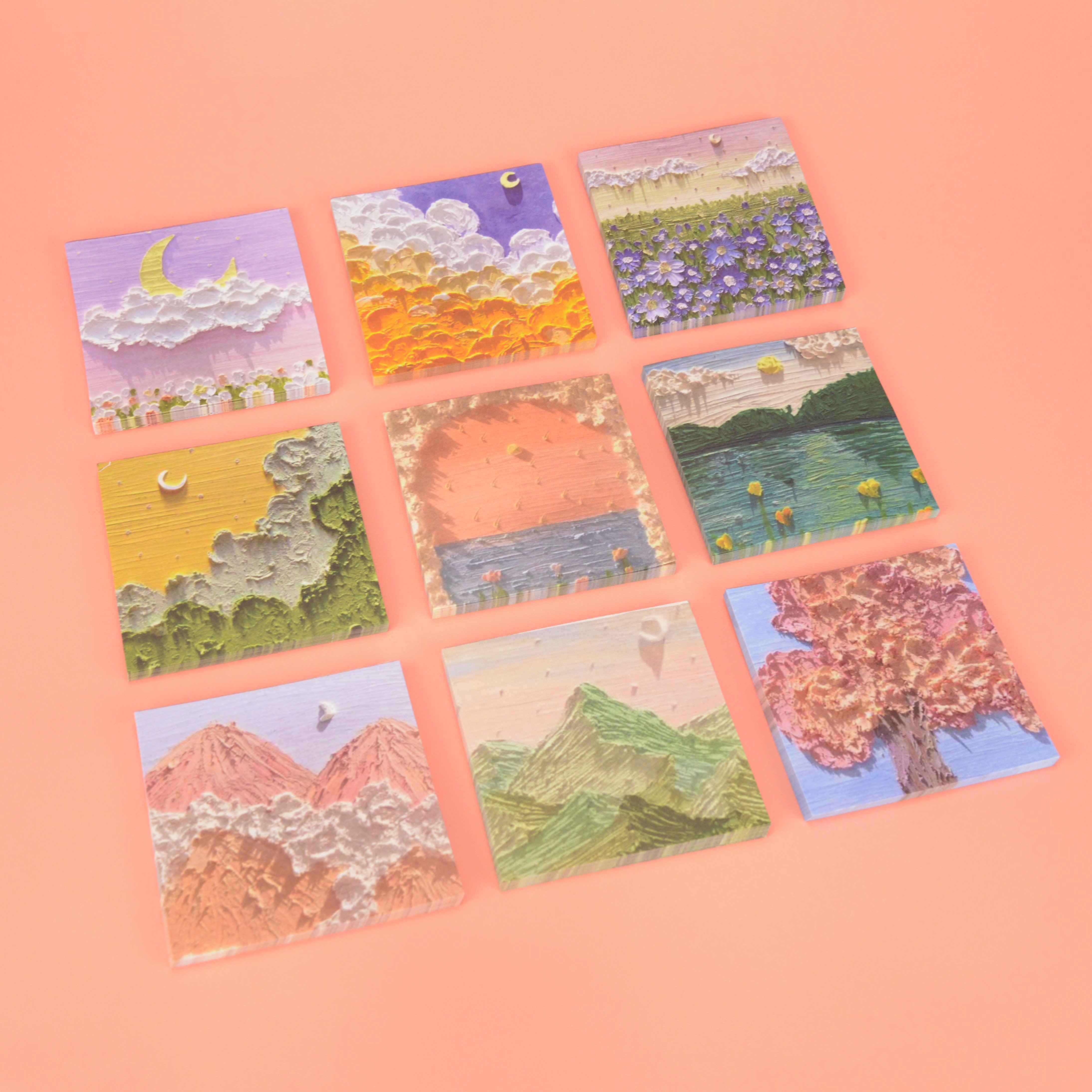 Custom Logo 3*3 Inch Cute Canvas Oil Painting Three-dimensional Sense Memo Notepads Stationary Printed Sticky Notes Pad Set