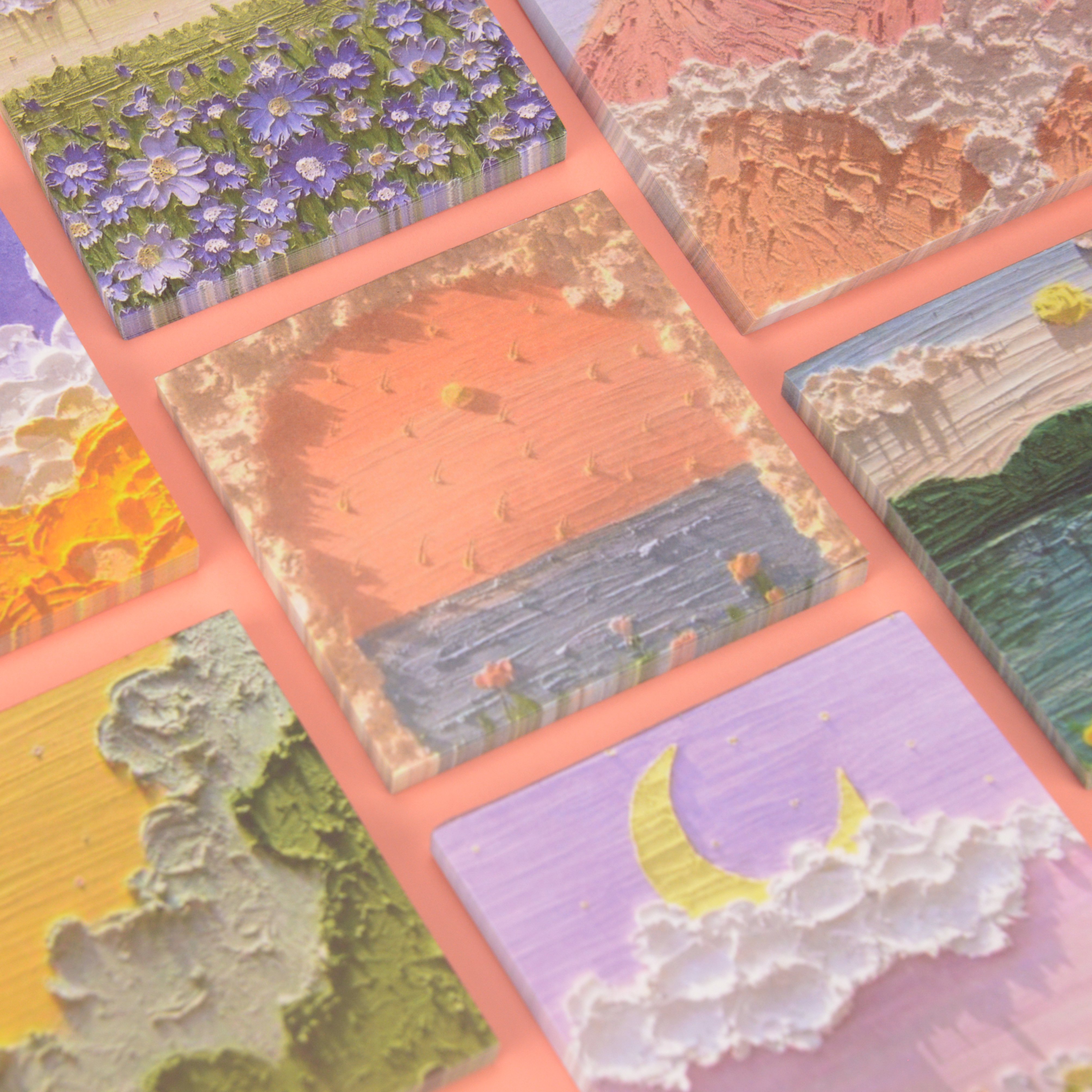 Custom Logo 3*3 Inch Cute Canvas Oil Painting Three-dimensional Sense Memo Notepads Stationary Printed Sticky Notes Pad Set