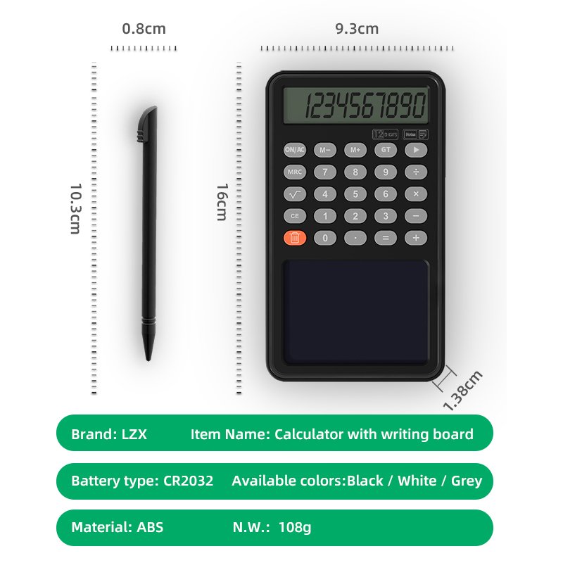 Portable multi-purpose calculator writing board, 12 digit calculator, electronic writing board for office and school supplies