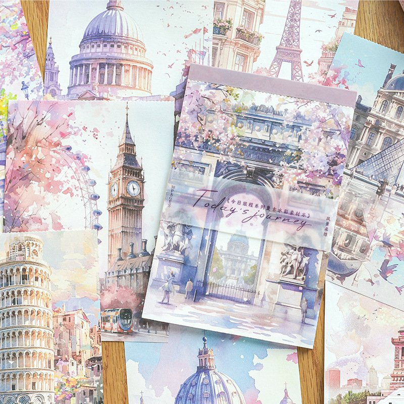 30 sheets/pack of vintage watercolor sticky notes Today's Journey series landscape material notes with 6 options to choose from