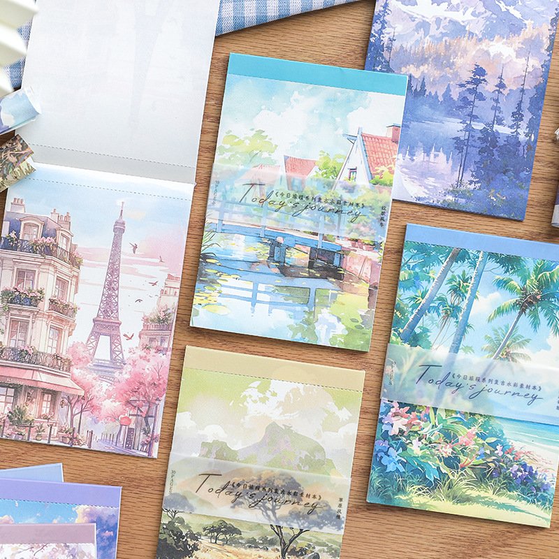30 sheets/pack of vintage watercolor sticky notes Today's Journey series landscape material notes with 6 options to choose from
