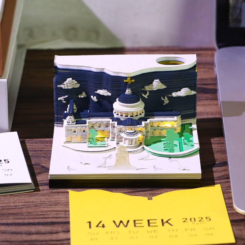 3D Paper Cut Art 2025 Calendar Sheet Memo Pad Diy St.Paul'S Cathedral Shape Paper Cube Block Note Pad For Christmas Gift